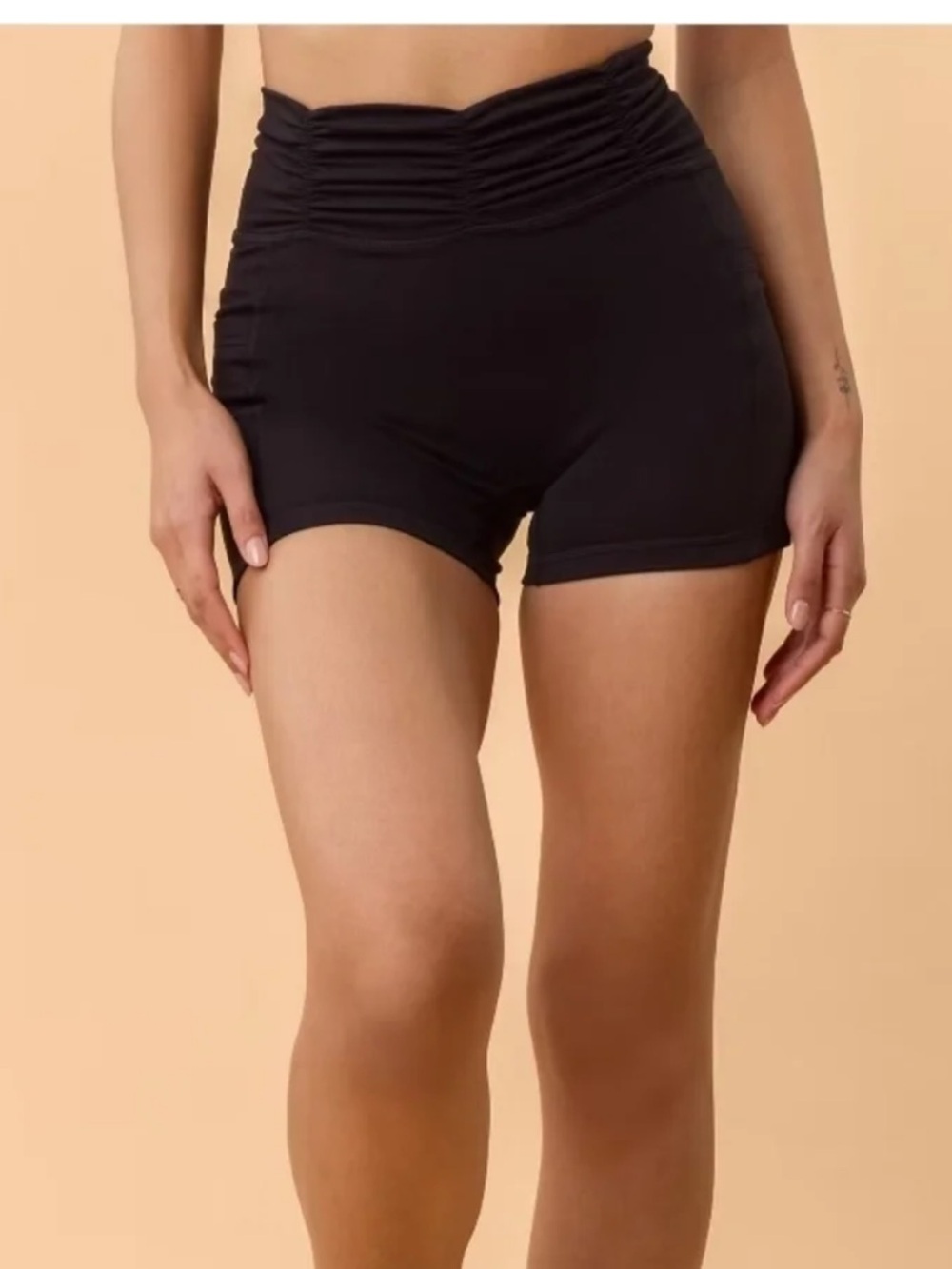 Ruched High-Waist Black Bike Shorts